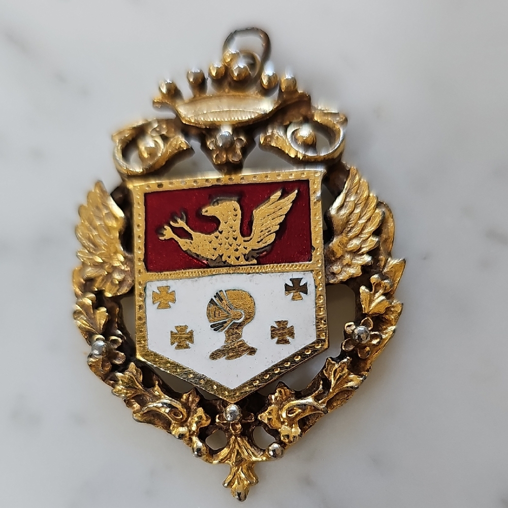 Coro Coat of Arms Vintage Brass Enamel Heraldic Shield Pendant